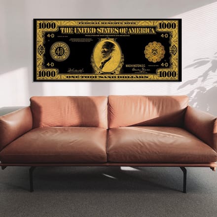 Schilderij Woonkamer - 1000 Dollar - Dibond metaal - 100 x 42 cm - PosterGuru