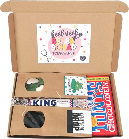 Beterschap cadeau brievenbuspakket - Tony Chocolonely, snoepkikkers, dropmix