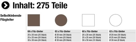 B34140 Viltglijder-Assortiment, 275-Delig, Zelfklevend, Bruin/Wit