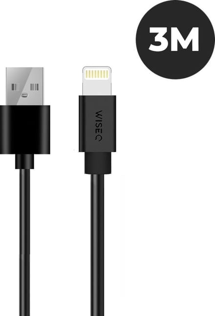 USB Lightning kabel 3 m - Apple Lightning naar USB - geschikt voor Apple iPhone 14 / 13 / 12 / 11 en iPad – zwart – WiseQ