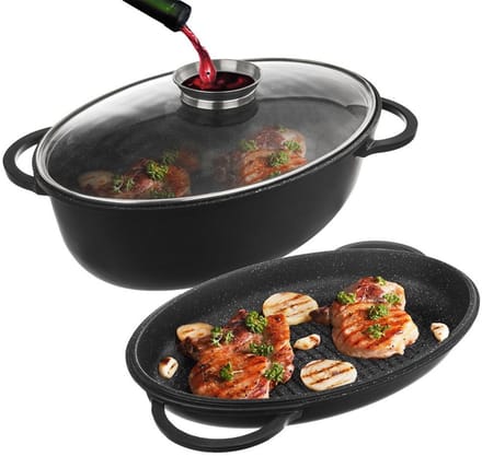 Orion - Graniet Braadslee met Deksel - 10L - Inclusief Grillpan - Inductiegeschikt