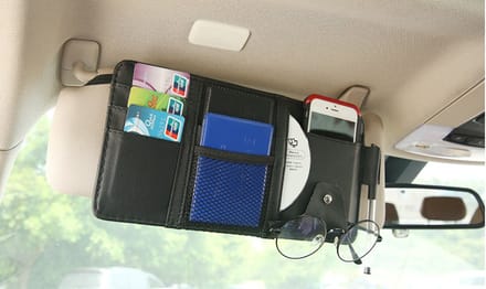 Repus - Auto Zonneklep Lederen Organizer - Kaarthouder - Bril - Documenten - Met ritssluiting - Organizer - Vrouwen en mannen - Cadeau Zwart