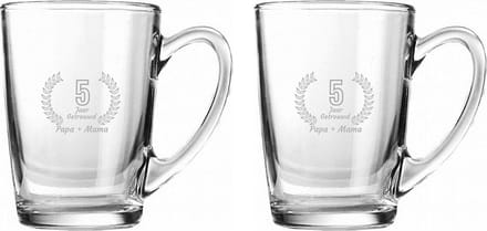 Gegraveerde set Theeglazen 32cl Papa + Mama 5 jaar getrouwd