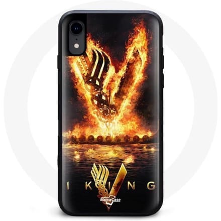 Coque pour Iphone XR - Vikings - Saison 6 - Logo V - Epée de Feu - Fond Noir noir