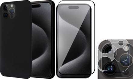 Hoesje geschikt voor iPhone 15 Pro Max - Screenprotector FullGuard & Camera Lens Screen Protector - Back Cover Case SoftTouch Zwart