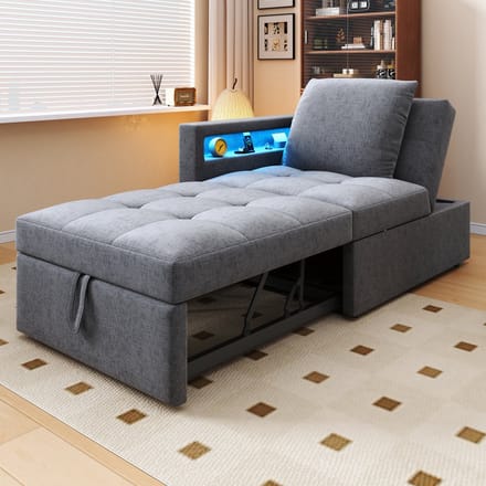 Sweiko Slaapbank - Fauteuil - Linnen - Verstelbare rugleuning - LED-verlichting - USB/Type-C - Lichtgrijs