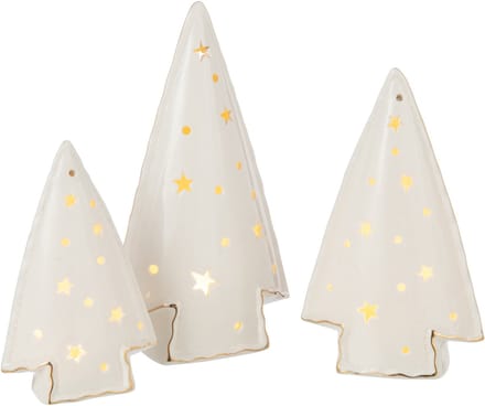 J-Line decoratie Kerstboom - keramiek - wit - set van 3 - LED