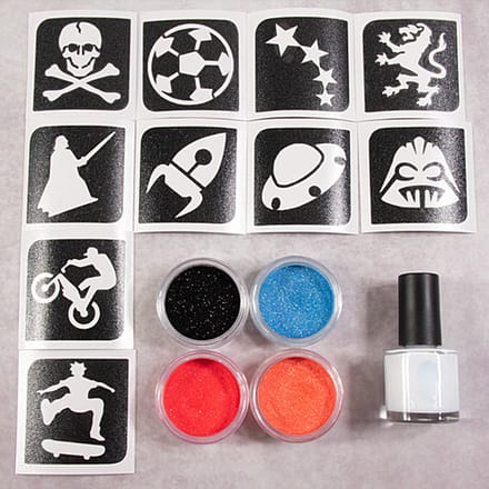 Grimas Sparkling Sport/Space Set - Glitter Tattoo Set - Plastic Vrij - Sjablonen, Glitters & Body Glue