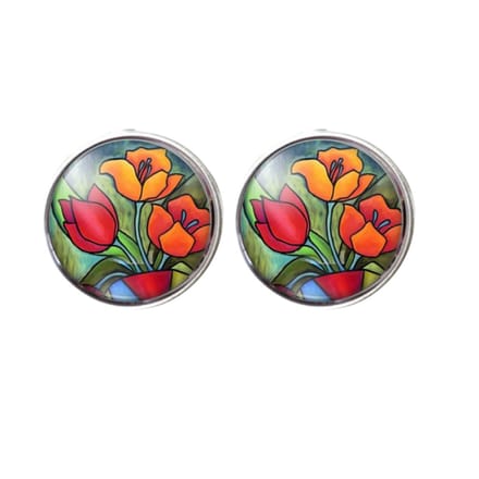 Oorbellen - Tulp 2 cm - rood - zilverrand - Charme Bijoux