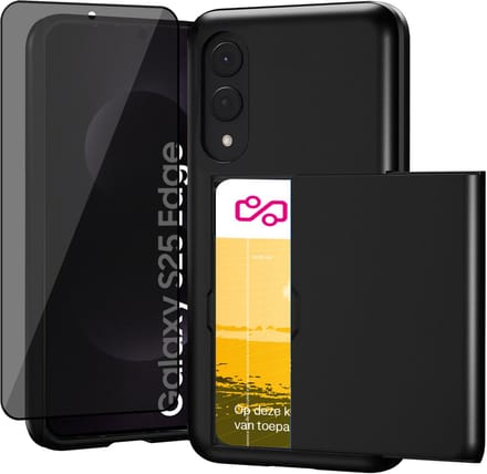 Hoesje met Pasjeshouder geschikt voor Samsung Galaxy S25 Edge - Privacy Screen Protector FullGuard - Back Cover SlideCase Zwart & Screenprotector