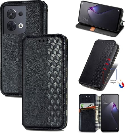 Luxe PU Lederen Ruitpatroon Wallet Case + Screenprotector voor OPPO Reno 8 5G _ Zwart