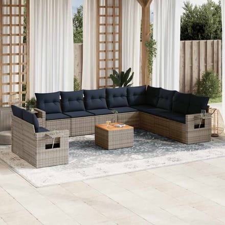 vidaXL - 11-delige - tuinbankset - met - kussens, - grijs - polyrotan