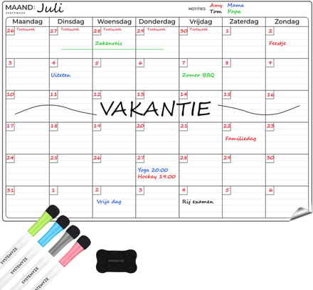 Systemyze Maandplanner Whiteboard – Magnetisch Planbord – Magnetische Weekplanner – Inclusief Markers & Wisser – A3 Formaat