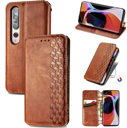 Luxe PU Lederen Ruitpatroon Wallet Case + PMMA Screenprotector voor Xiaomi Mi 10 5G _ Bruin