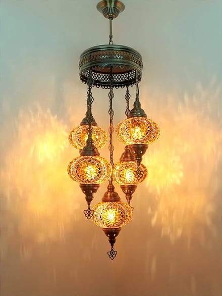 Turkse hanglamp mozaïek glas bruin - 5 bollen - handgemaakt en uniek ontwerp - E-14 fitting