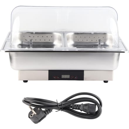 Elektrische Buffetwarmer Server Temperatuurweergave Transparante Deksel Bain-marie Buffet Set 2 Bakken 9L EU Stekker 220V white
