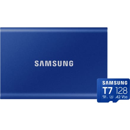 Samsung T7 Portable SSD 2TB Blauw + Samsung MicroSDXC T7 128GB 170MB/s