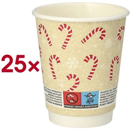 Papstar drinkbeker "Candy Canes", karton, 200 ml, dubbelwandig, Ø 8 x H 9,3 cm, 25 stuks