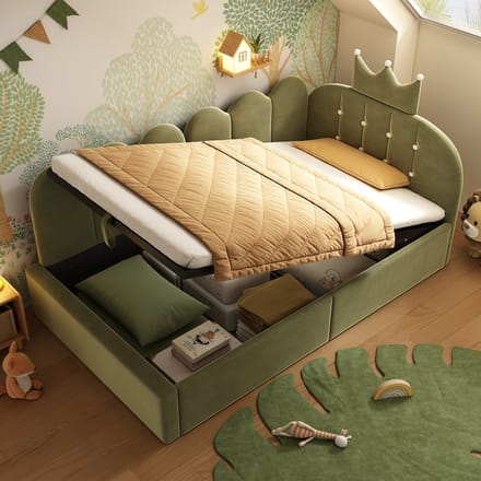 MODFU Dagbed 90x190 cm – Met hydraulische opbergruimte – Kroon- & rasterdesign – Fluweel – Groen