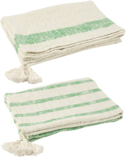 J-Line plaid Strepen + Kwasten - katoen - wit/groen - 2 stuks