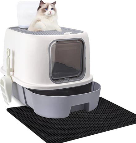 CALIYO Kattenbak - Kattenbak met lade - Kattenbakmat - Dubbele deur structuur- Kattenbak Schep - Grijs/Wit