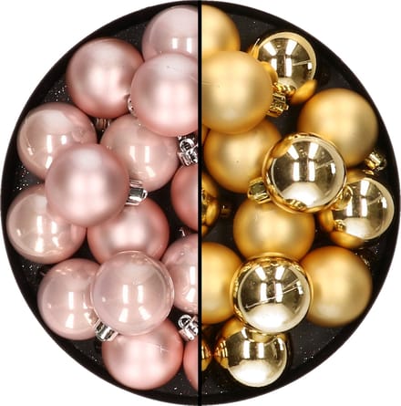 Decoris Kleine kerstballen - 32x st - goud en lichtroze - D4 cm - plastic - kerstversiering
