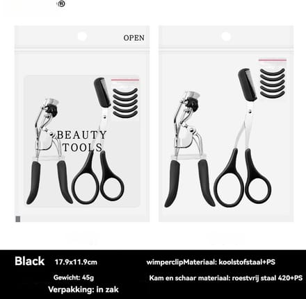Wimperkruller - wimperkruller set-Eyelash Curler + 5x Gratis Extra Siliconen Pad-Wenkbrauwschaar&Incl. kammetje -zwart