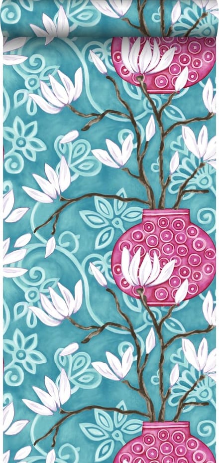 Origin Wallcoverings behang magnolia turquoise en roze - 53 cm x 10.05 m - 346925