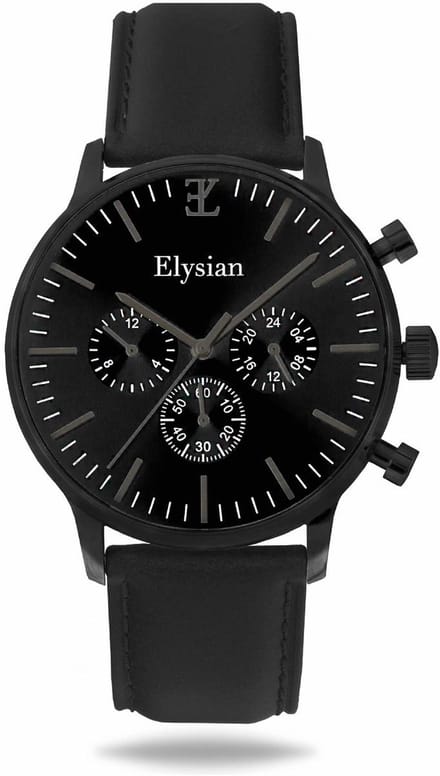 Elysian - Horloge Heren - Zwartkleurig - Zwarte Wijzerplaat - Zwart Leer - Waterdicht - Krasvrij Saffier - 43mm