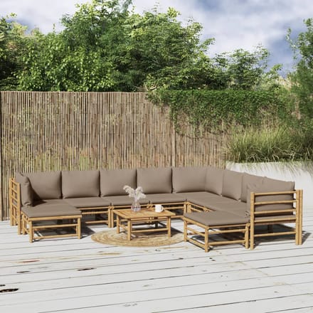 vidaXL - 11-delige - Loungeset - met - kussens - bamboe - taupe