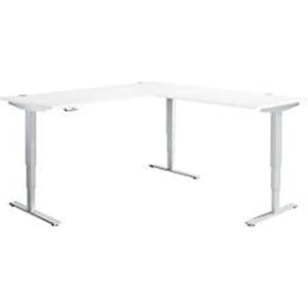 AERO FLEX hoekbureau, elektrisch in hoogte verstelbaar, hoek 90°, T-voet, B 2000 x D 2000 mm, aluminium wit/wit + memorypaneel