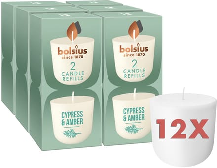 Bolsius - CleanLight - 12 Gegeurde Navullingen - Cypress & Amber - Navulbare Geurkaarsen