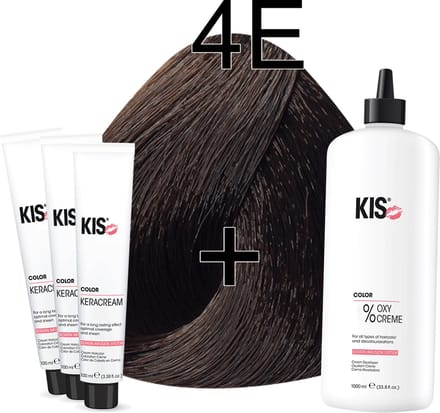 Kis KeraCream Color - 100ml - Haarverf Set - 4E Middelbruin espresso | KIS - (3 x haarverf & 1L waterstofperoxide)