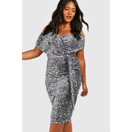 boohoo Dames Plus Pailletten Off-Shoulder Wikkel Midi Jurk | Silver | Maat: 28