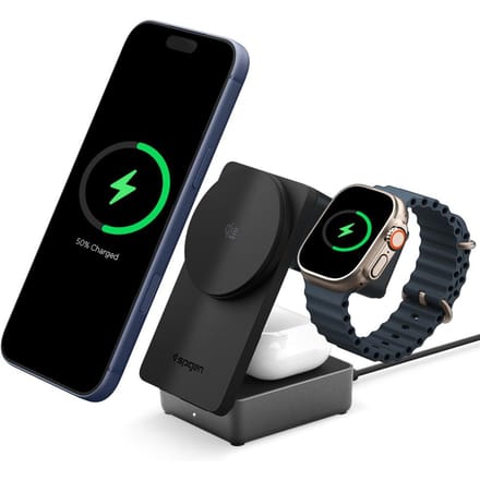 Spigen Essential EF323MQ Qi2.2 25W 3-in-1 Opvouwbaar MagSafe Draadloos Laadstation — Compatibel met iPhone, Apple Watch & AirPods (ACH10398)