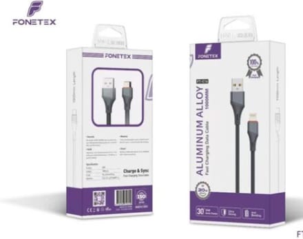FoneTex Snel Oplaadkabel 1M | USB naar Lightning 8-pin | Fast Charging 30W | Geweven Nylon | Grijs/Zwart | Compatibel met iPhone & iPad