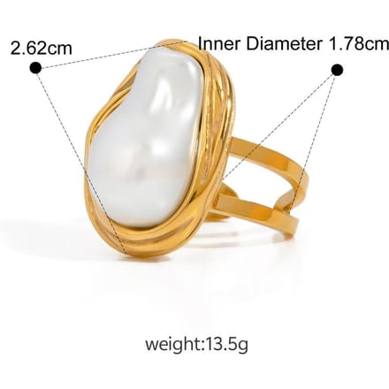 Bague ouverte en acier inoxydable avec perle baroque pour femme or