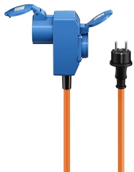 Goobay CEE-adapterkabel 1,5 m oranje, contrastekker met randaarde naar haakse CEE-contrastekker 90°, IP44 voor buiten, H07RN-F 3G2,5