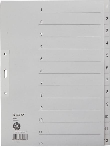 LEITZ kraftpapier-tabbladen, cijfers, A4 overbreed, 1-12,grijs