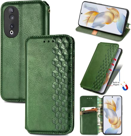 Luxe PU Lederen Ruitpatroon Wallet Case + Screenprotector voor Honor 90 _ Groen