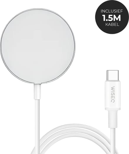 Draadloze Oplader Geschikt Voor MagSafe iPhone - Draadloze Oplaadkabel 1.5 meter - geschikt voor iPhone 17 / iPhone 16 / iPhone 15 / iPhone 14 - Wit - WiseQ