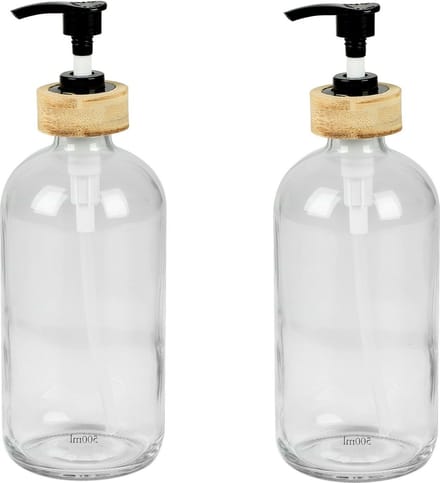 Urban Living Zeeppompje/zeepdispenser - 2x - glas/bamboe - transparant - 0.5 liter - 21 cm