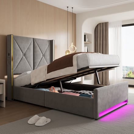 HAUSS SPOLE Gestoffeerd Bed 90x200 cm - Met USB, Type C en LED - Met Opbergruimte - Zonder Matras - Fluweel - Donkergrijs