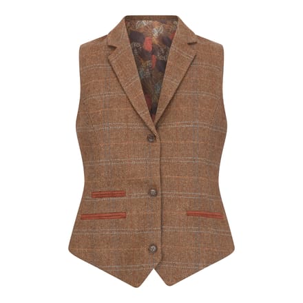 Dames Oak Brown Tailored Fit Tweed Gilet met Visgraatmotief