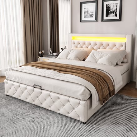 MODFU Gepolsterd bed 140x200 cm – Wit PU – Hoog hoofdeinde – Opbergruimte – LED