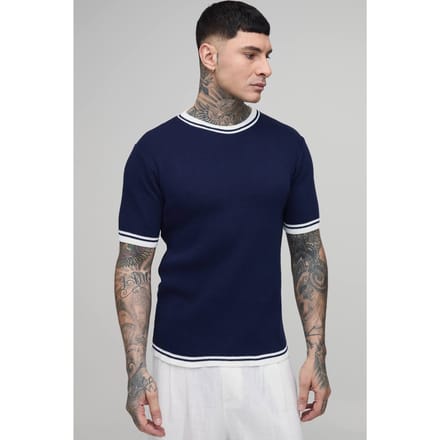 Lang Getailleerd Gebreid T-shirt Van Katoenmix Met Getipt Detail | Navy | Size Medium