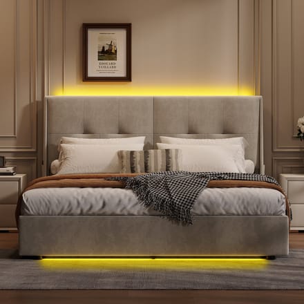 Tweepersoonsbed 140x200cm met Lattenbodem, LED, Boxspringbed, Hydraulisch Bed met Opbergruimte, Beige
