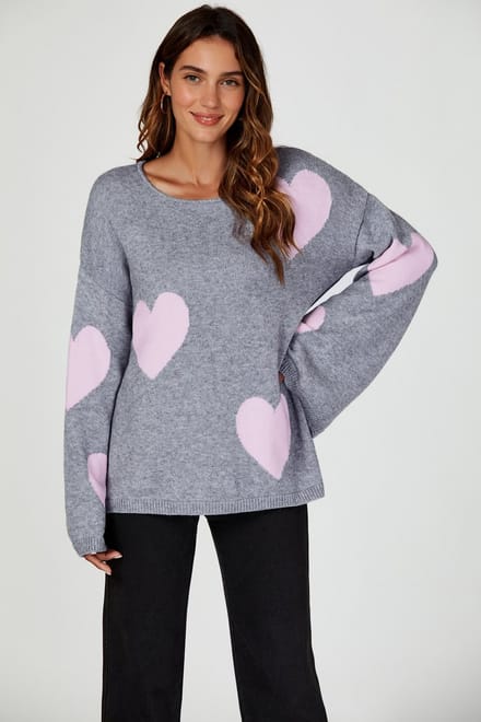 Oversized trui met hartpatroon en wijde mouwen in lichtgrijs