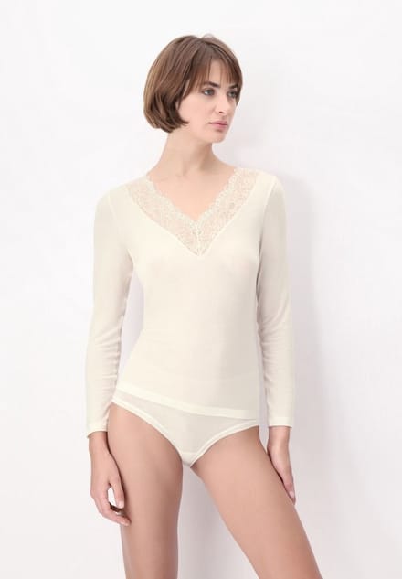 Perfect Line Cashmere - Lace T-Shirt lange mouwen - S - Ivory