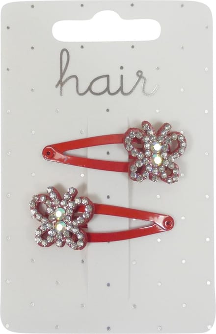 Haarspeldjes Klikklak 4.0cm Vlinder met Strass - Rood - 2 stuks